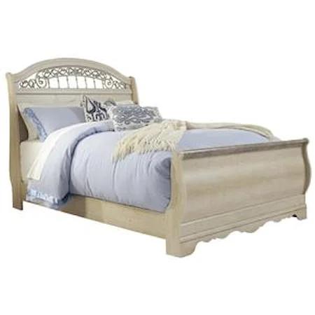 Traditional Queen Sleigh Bed with Metal Fretwork